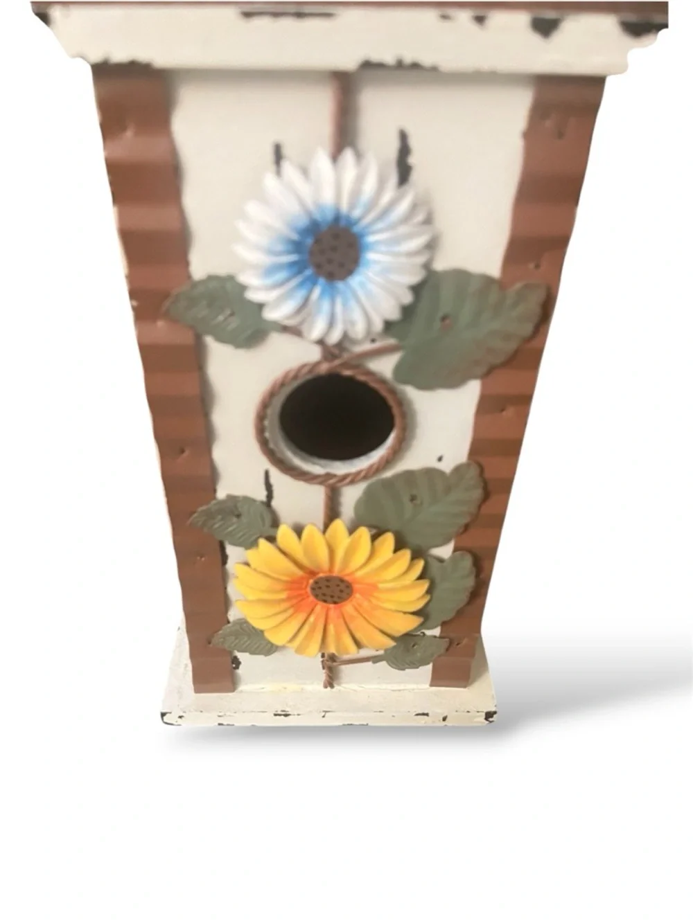 Decorative White and Brown Hollow Floral Birdhouse with Yellow and Blue Accents